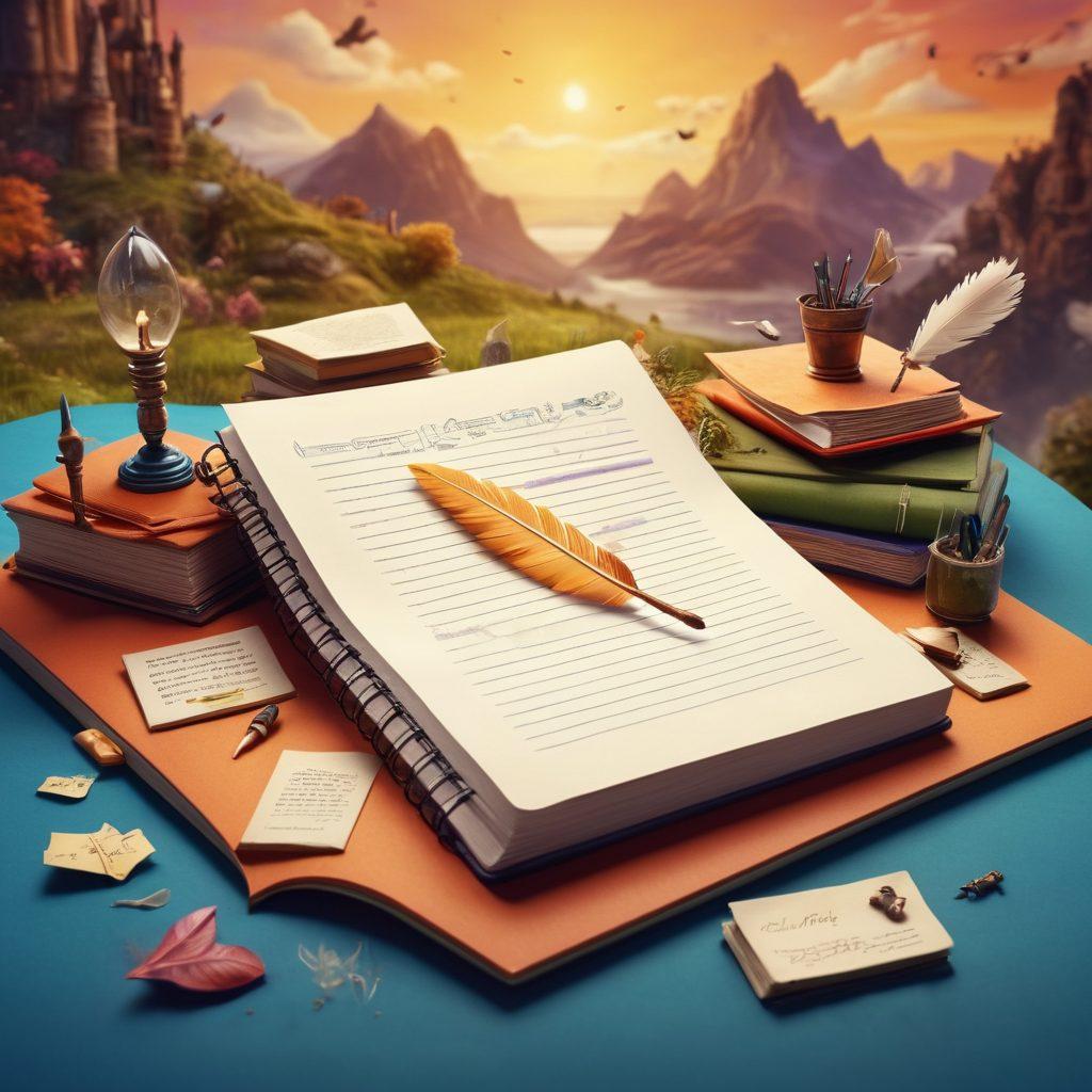 An open notebook with a quill pen, surrounded by floating story elements like characters and dialogues, set against an engaging backdrop of a digital landscape filled with books and blog icons. The scene symbolizes creativity and storytelling, inviting aspiring bloggers to explore serialization. super-realistic. vibrant colors. dreamy atmosphere.