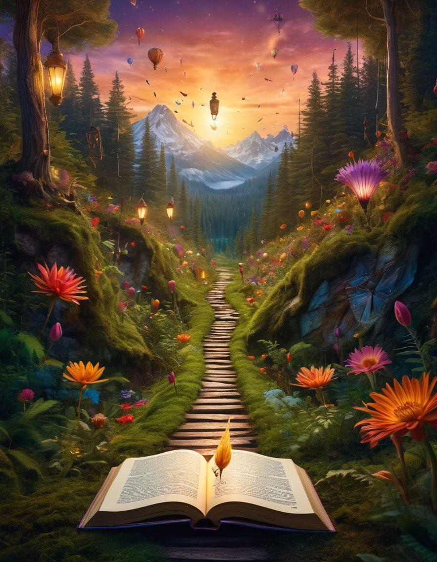 A surreal landscape depicting a pathway leading from a light bulb (representing ideas) through an enchanted forest of open journals and whimsical quills, all glowing with inspiration. The scene should evoke a sense of creativity and journey, with a bright sky filled with floating text and symbols, capturing the essence of content creation. Rich colors and intricate details bring the environment to life. vibrant colors. fantasy art.