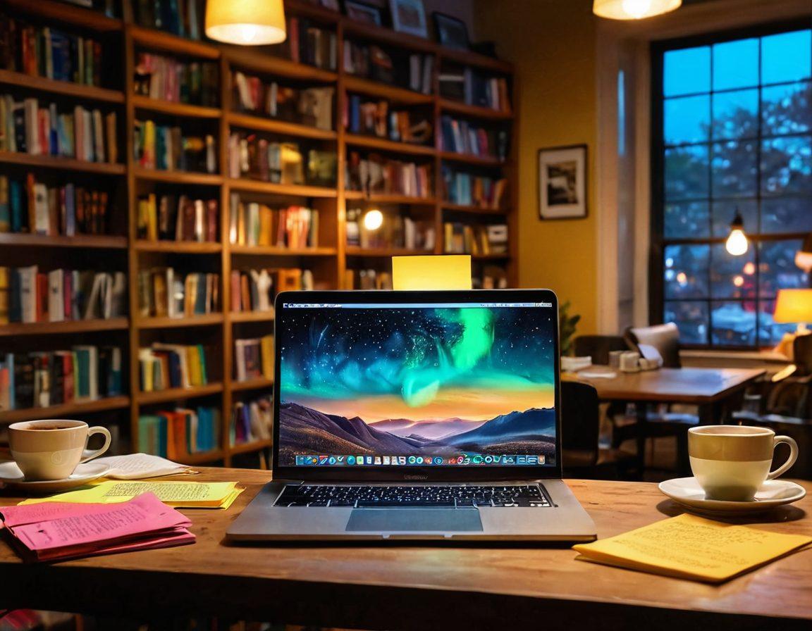 A captivating scene showcasing an open laptop with a glowing screen displaying an engaging serialized story, surrounded by scattered pages and colorful post-it notes. The backdrop features a cozy café setting with warm lighting, bookshelves filled with novels, and a steaming cup of coffee on the side. An inviting atmosphere that embodies creativity and inspiration. painting. warm colors. cozy aesthetic.